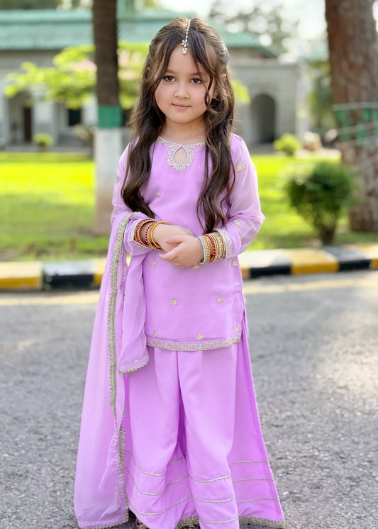 Lavender 3 Piece Embroidered Chiffon Suit