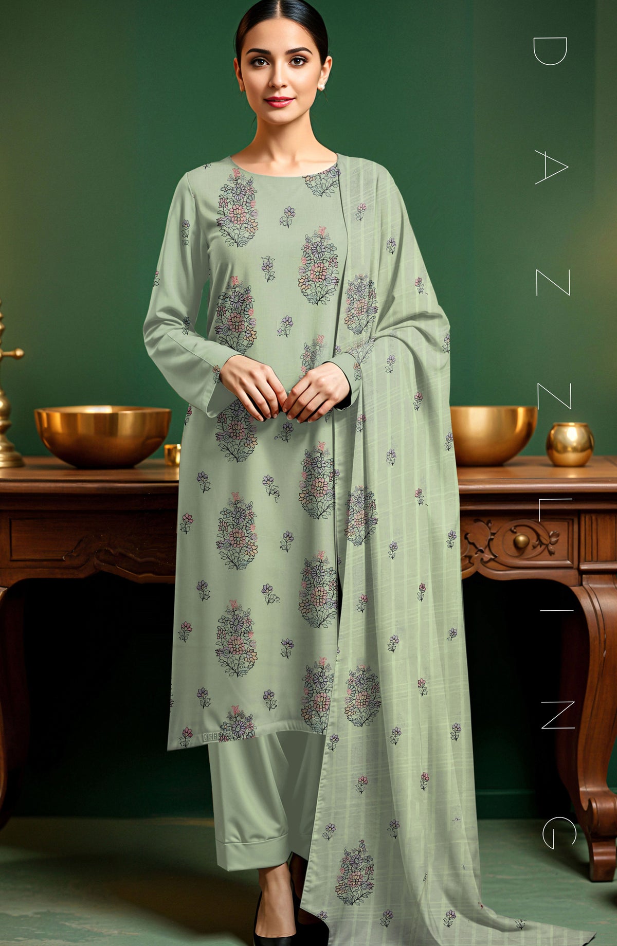 Arzoo by Al Karim Embroidered Lawn Unstitched 3 Piece Suit - D-11 - AK26RZO - Green - Summer Collection
