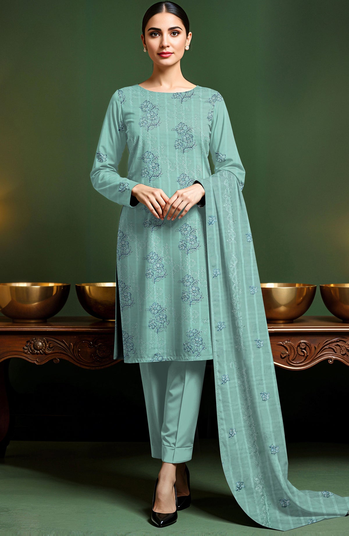 Arzoo by Al Karim Embroidered Lawn Unstitched 3 Piece Suit - D-07 - AK26RZO - Ferozi - Summer Collection