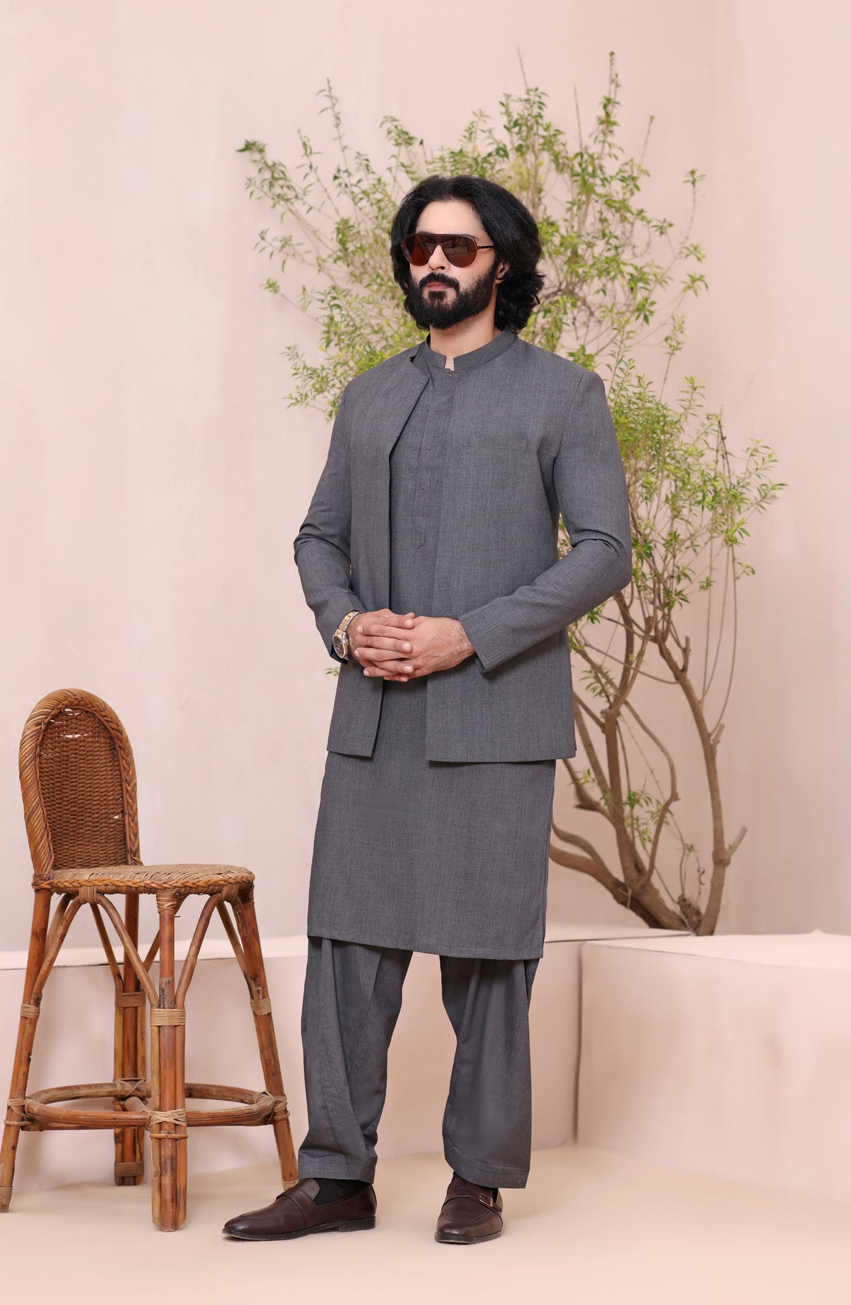 TGM The Royal Edit Premium Blended Material Stitched Three Piece with matching Suit - Ash Mirage (3pc) - TGM26ROY - Malaysia Grey - Men Festive Collection