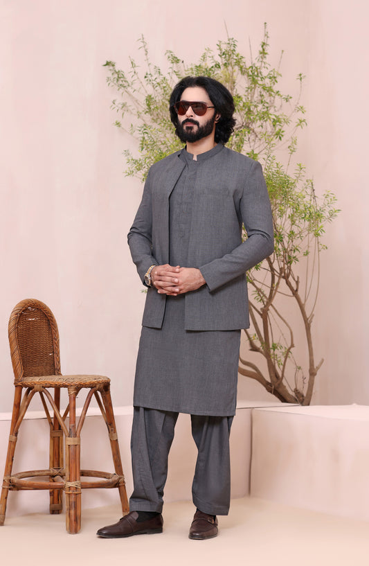 TGM The Royal Edit Premium Blended Material Stitched Three Piece with matching Suit - Ash Mirage (3pc) - TGM26ROY - Malaysia Grey - Men Festive Collection