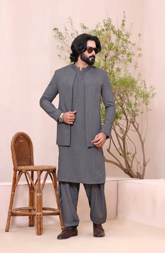 TGM The Royal Edit Premium Blended Material Stitched Three Piece with matching Suit - Ash Mirage (3pc) - TGM26ROY - Malaysia Grey - Men Festive Collection