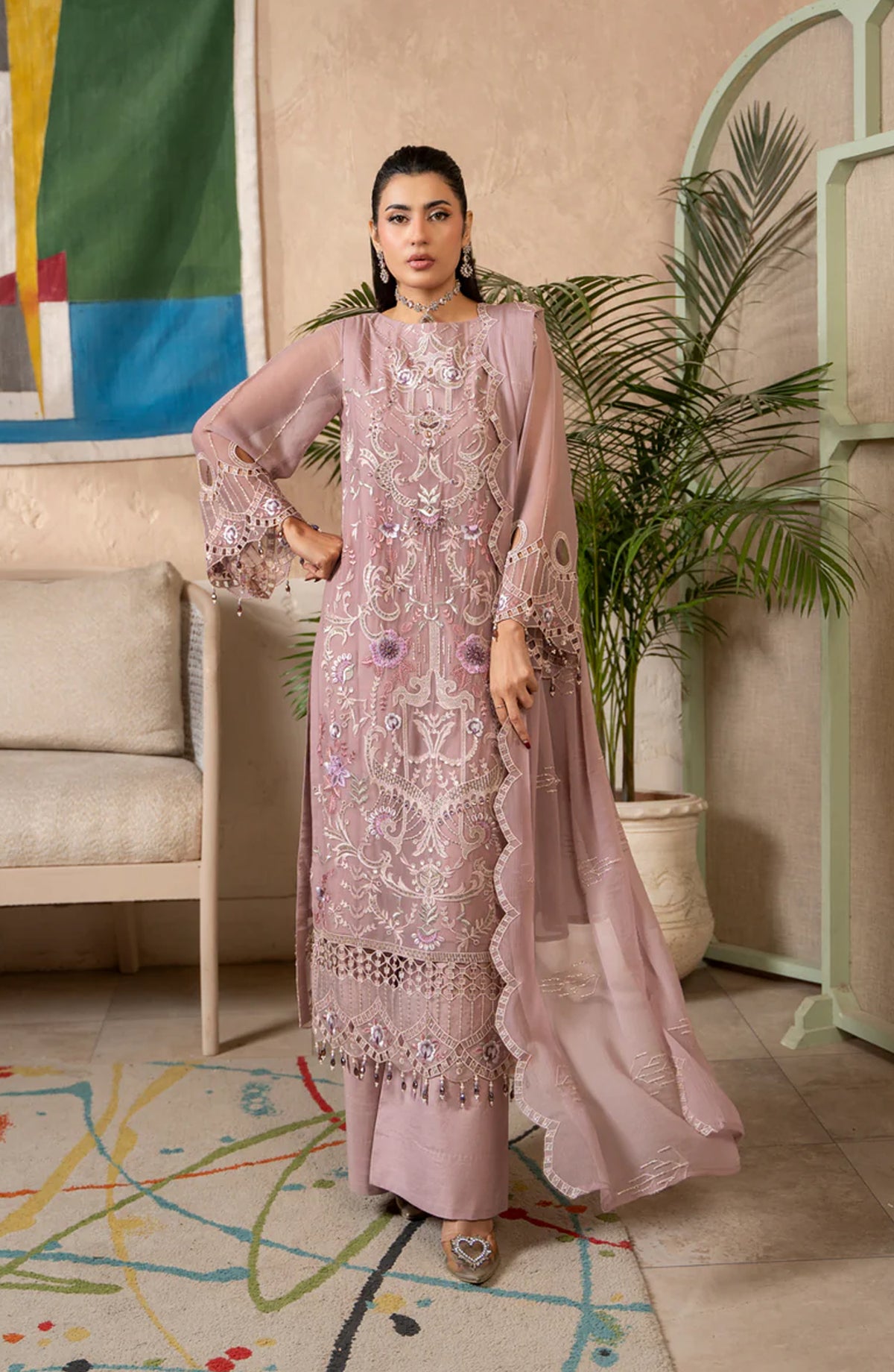 Aura by Zebtan Embroidered Chiffon Unstitched 3 Piece Suit - AR-10 - ZBT26AR - Pink - Formal Collection