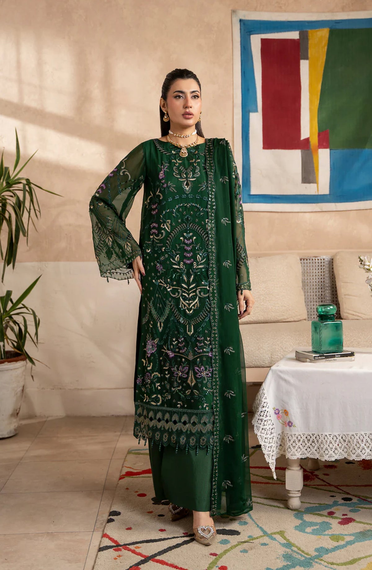 Aura by Zebtan Embroidered Chiffon Unstitched 3 Piece Suit - AR-07 - ZBT26AR - Green - Formal Collection