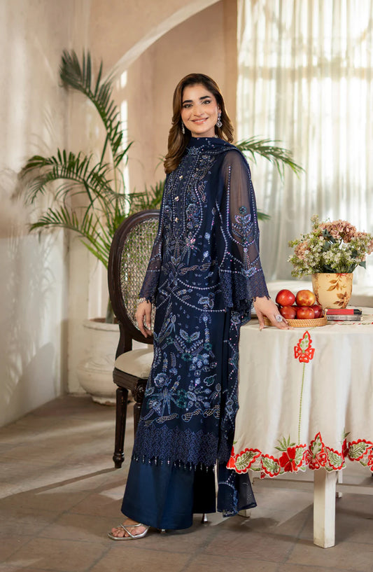 Aura by Zebtan Embroidered Chiffon Unstitched 3 Piece Suit - AR-06 - ZBT26AR - Blue - Formal Collection