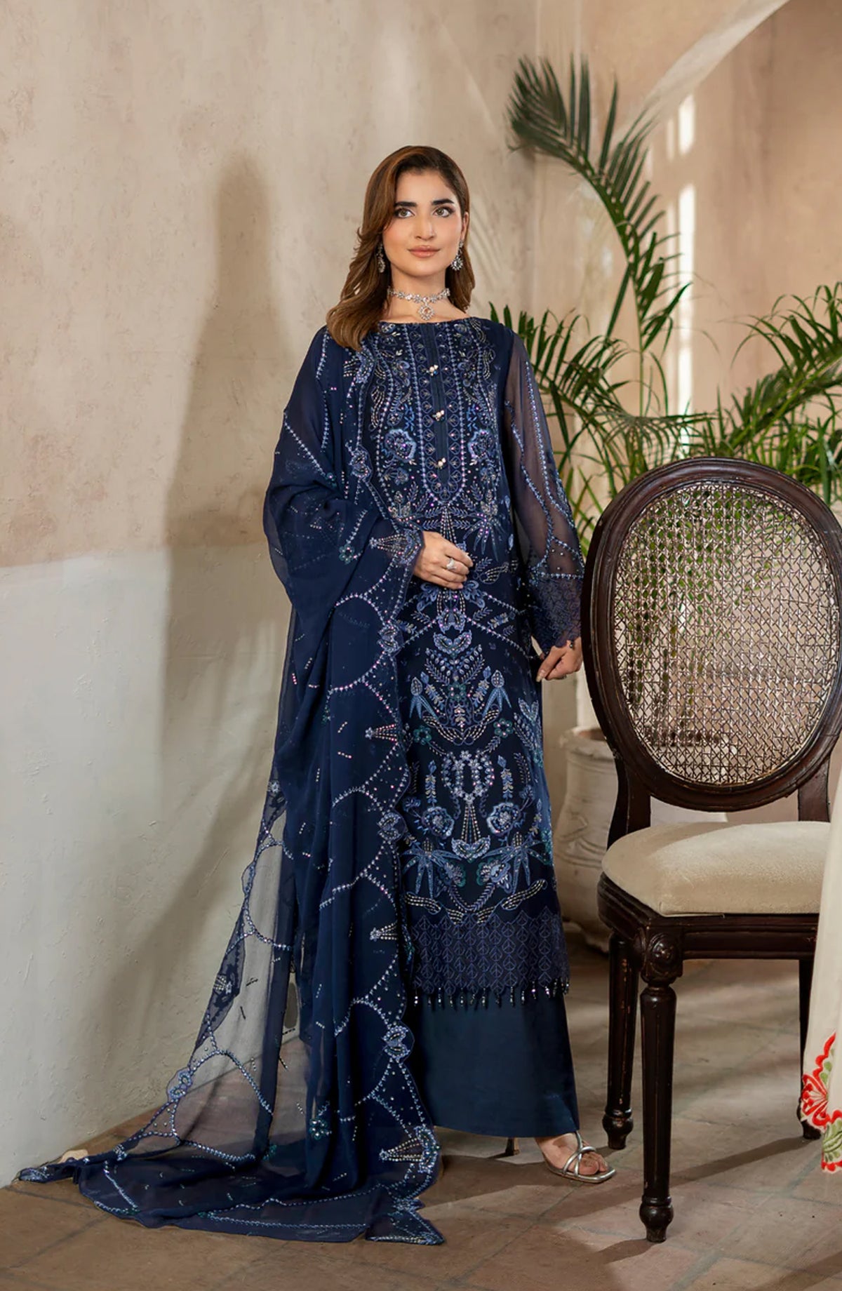 Aura by Zebtan Embroidered Chiffon Unstitched 3 Piece Suit - AR-06 - ZBT26AR - Blue - Formal Collection