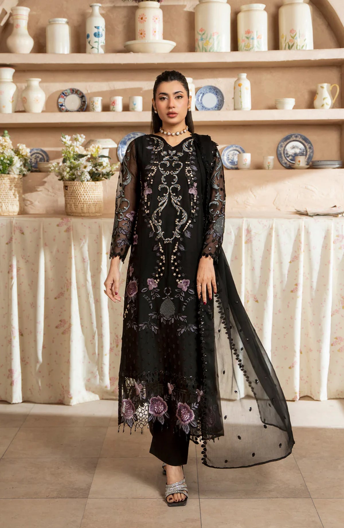 Aura by Zebtan Embroidered Chiffon Unstitched 3 Piece Suit - AR-04 - ZBT26AR - Black - Formal Collection