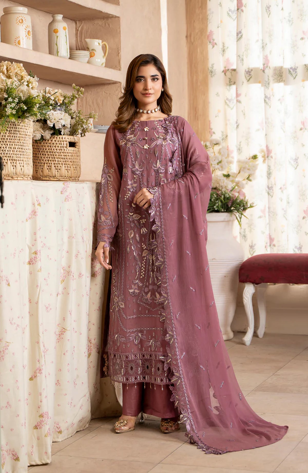 Aura by Zebtan Embroidered Chiffon Unstitched 3 Piece Suit - AR-03 - ZBT26AR - Pink - Formal Collection