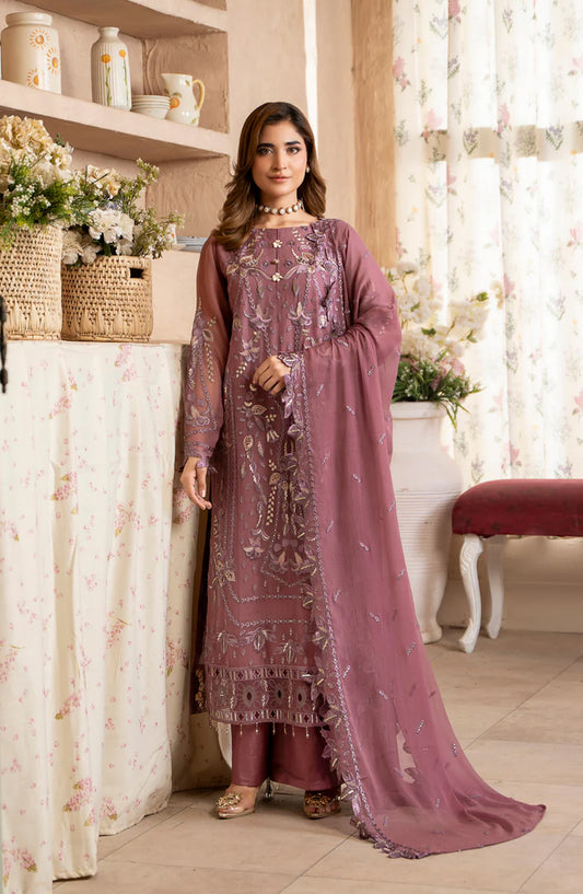 Aura by Zebtan Embroidered Chiffon Unstitched 3 Piece Suit - AR-03 - ZBT26AR - Pink - Formal Collection