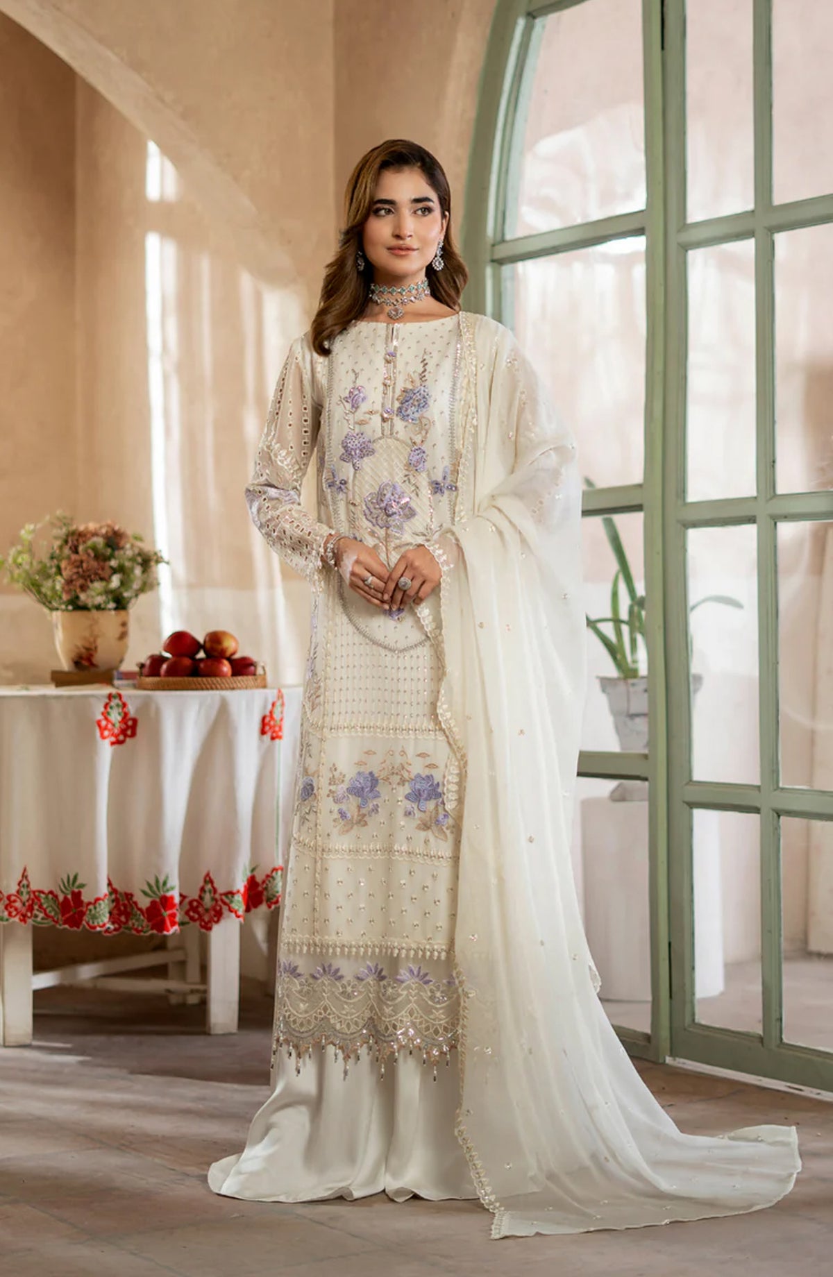 Aura by Zebtan Embroidered Chiffon Unstitched 3 Piece Suit - AR-02 - ZBT26AR - Fawn - Formal Collection