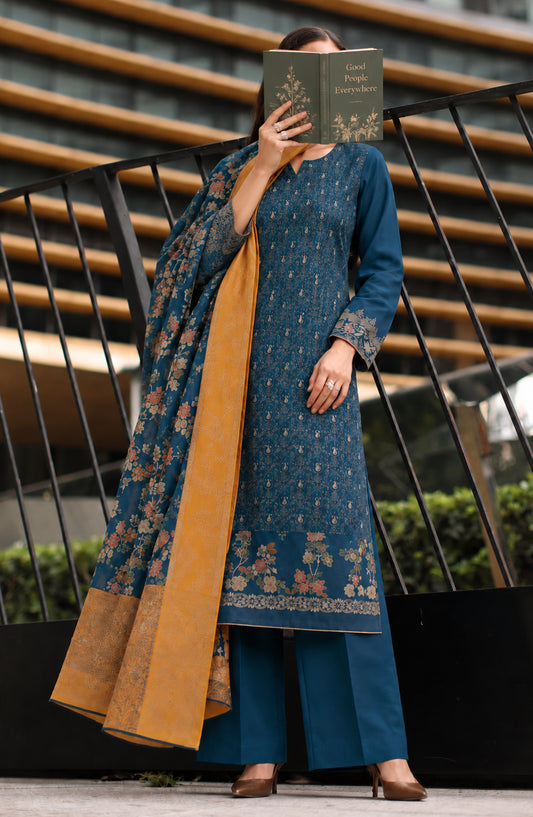Aveline by Amna Khadija Printed Supreme Wool Unstitched 3 Piece Suit - AKAW-07 - AM26VLN - Blue - Winter Collection