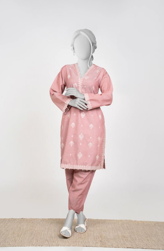Ayla Embroidered Chambray Stitched 2 Piece Solids - EAE210105A - AY25SW - Pink - Winter Collection