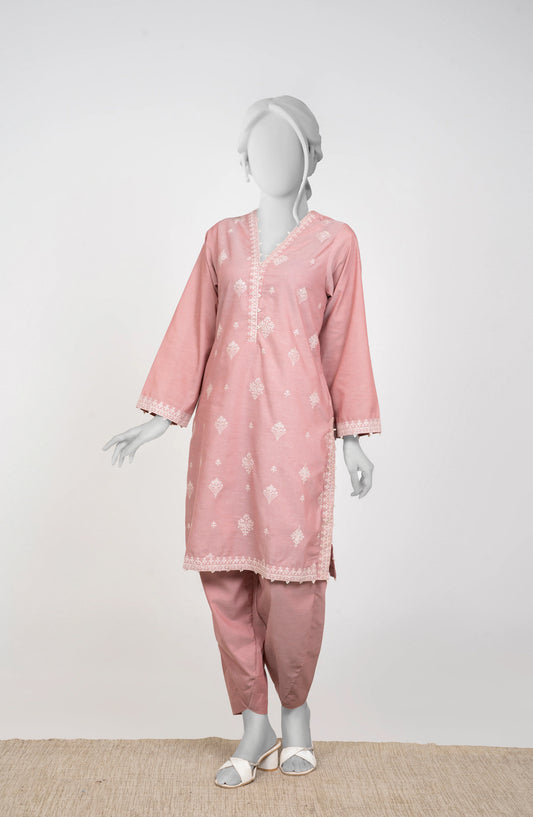 Ayla Embroidered Chambray Stitched 2 Piece Solids - EAE210105A - AY25SW - Pink - Winter Collection