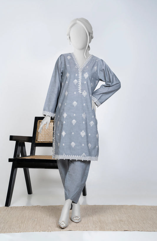 Ayla Embroidered Chambray Stitched 2 Piece Solids - EAE210105B - AY25SW - Grey - Winter Collection