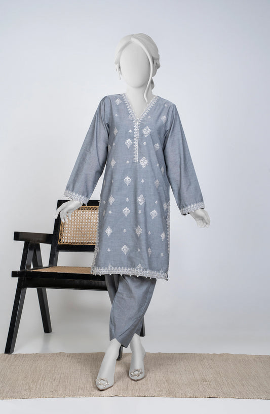 Ayla Embroidered Chambray Stitched 2 Piece Solids - EAE210105B - AY25SW - Grey - Winter Collection