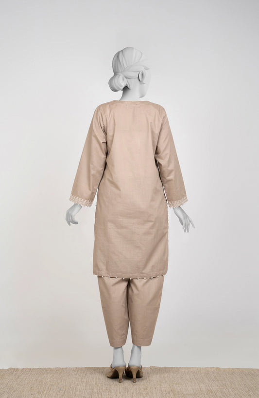 Ayla Embroidered Chambray Stitched 2 Piece Solids - EAE210105C - AY25SW - Mushroom Beige - Winter Collection