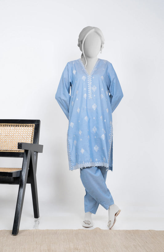 Ayla Embroidered Chambray Stitched 2 Piece Solids - EAE210105E - AY25SW - Sky Blue - Winter Collection