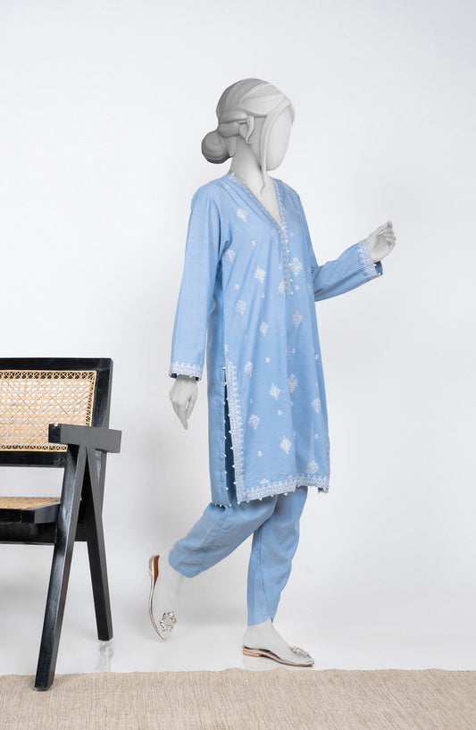 Ayla Embroidered Chambray Stitched 2 Piece Solids - EAE210105E - AY25SW - Sky Blue - Winter Collection