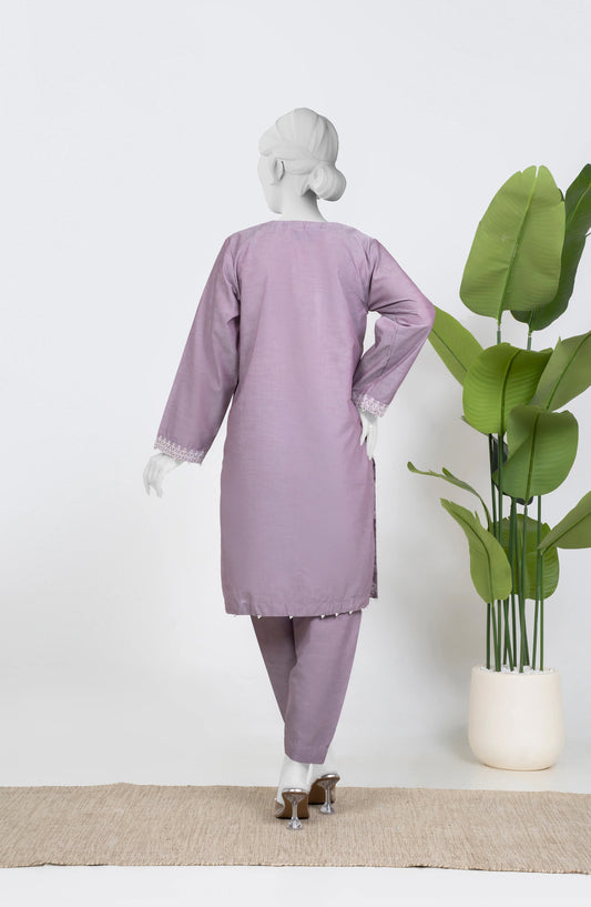 Ayla Embroidered Chambray Stitched 2 Piece Solids - EAE210105F - AY25SW - Lilac - Winter Collection
