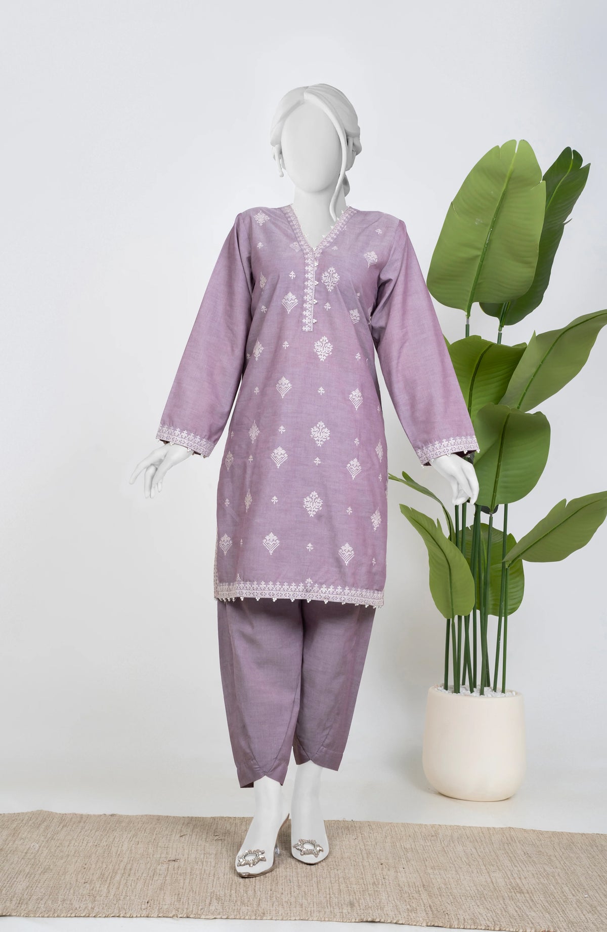 Ayla Embroidered Chambray Stitched 2 Piece Solids - EAE210105F - AY25SW - Lilac - Winter Collection