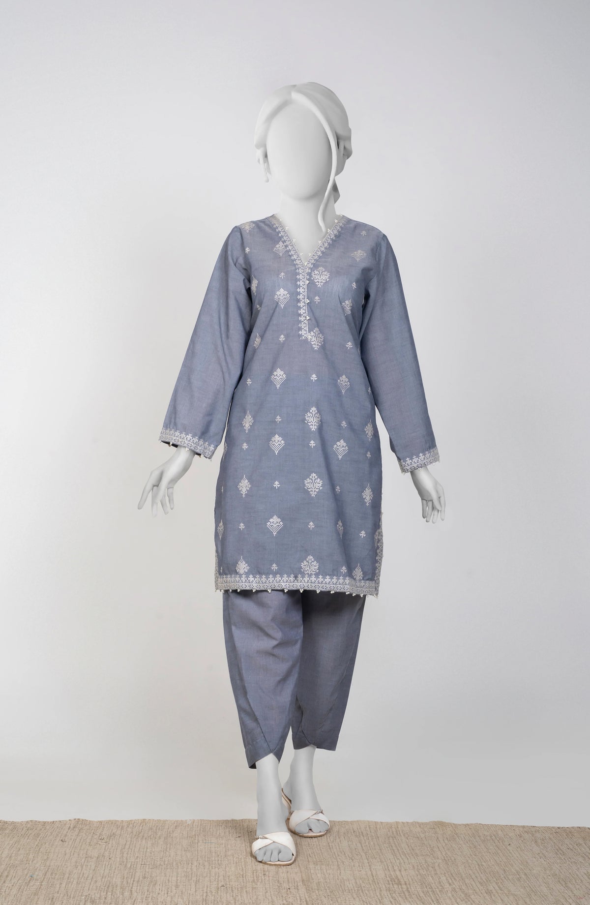 Ayla Embroidered Chambray Stitched 2 Piece Solids - EAE210105G - AY25SW - Charcoal - Winter Collection