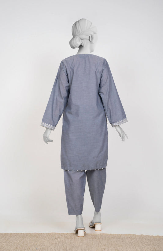 Ayla Embroidered Chambray Stitched 2 Piece Solids - EAE210105G - AY25SW - Charcoal - Winter Collection