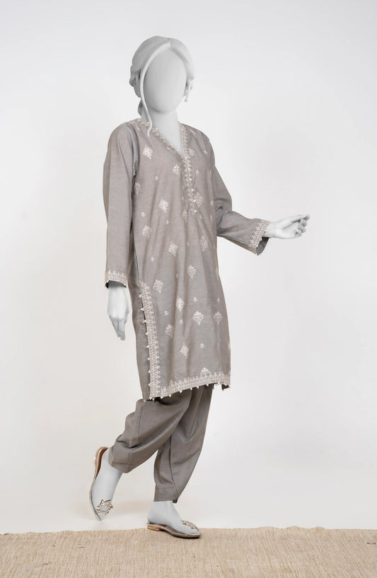 Ayla Embroidered Chambray Stitched 2 Piece Solids - EAE210105H - AY25SW - Silver Grey - Winter Collection