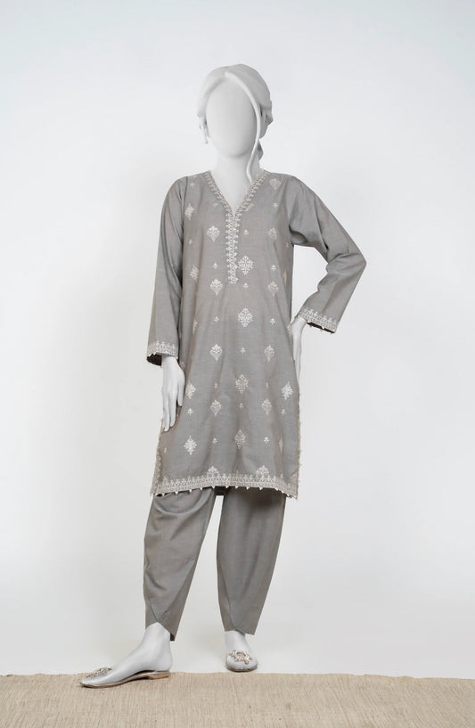 Ayla Embroidered Chambray Stitched 2 Piece Solids - EAE210105H - AY25SW - Silver Grey - Winter Collection