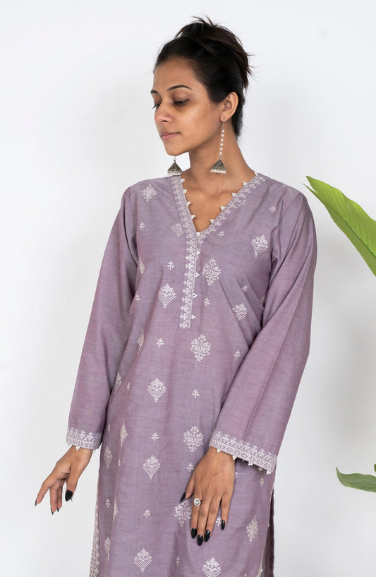 Ayla Embroidered Chambray Stitched 2 Piece Solids - EAE210105F - AY25SW - Lilac - Winter Collection