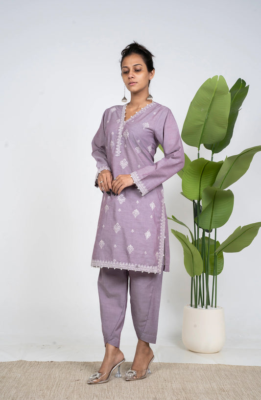 Ayla Embroidered Chambray Stitched 2 Piece Solids - EAE210105F - AY25SW - Lilac - Winter Collection