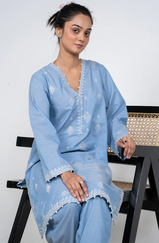 Ayla Embroidered Chambray Stitched 2 Piece Solids - EAE210105E - AY25SW - Sky Blue - Winter Collection