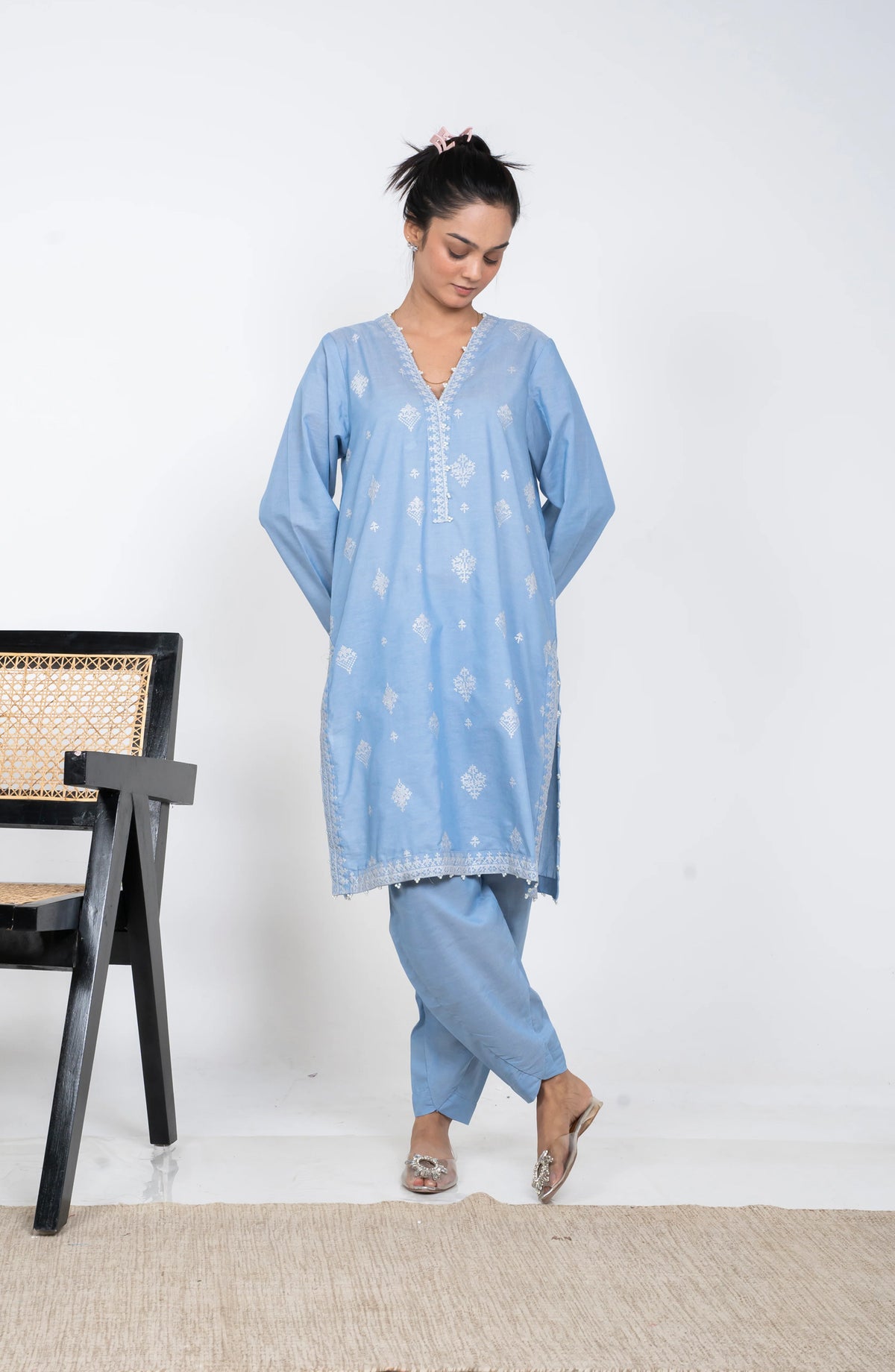Ayla Embroidered Chambray Stitched 2 Piece Solids - EAE210105E - AY25SW - Sky Blue - Winter Collection