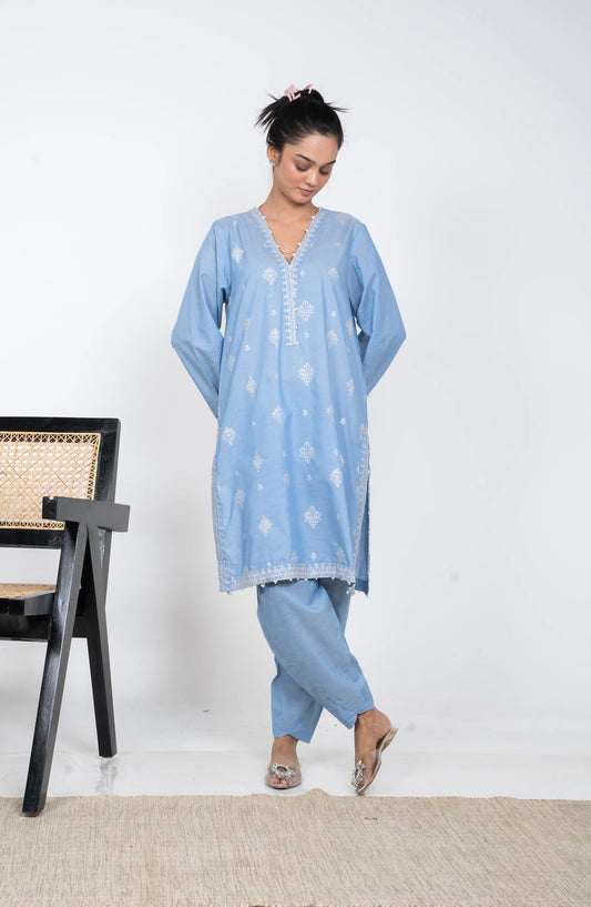 Ayla Embroidered Chambray Stitched 2 Piece Solids - EAE210105E - AY25SW - Sky Blue - Winter Collection