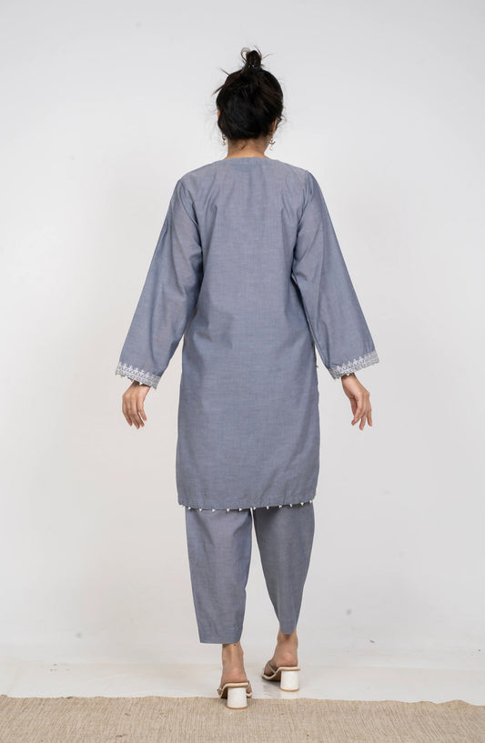 Ayla Embroidered Chambray Stitched 2 Piece Solids - EAE210105G - AY25SW - Charcoal - Winter Collection