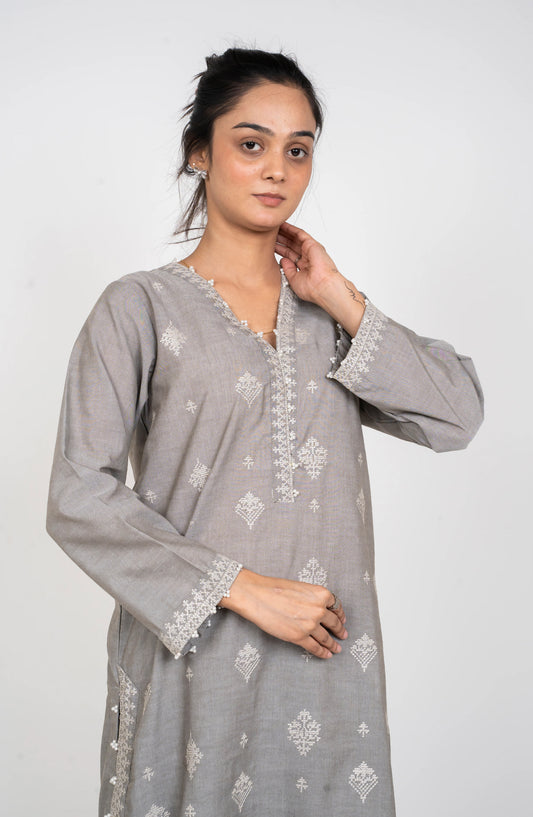 Ayla Embroidered Chambray Stitched 2 Piece Solids - EAE210105H - AY25SW - Silver Grey - Winter Collection