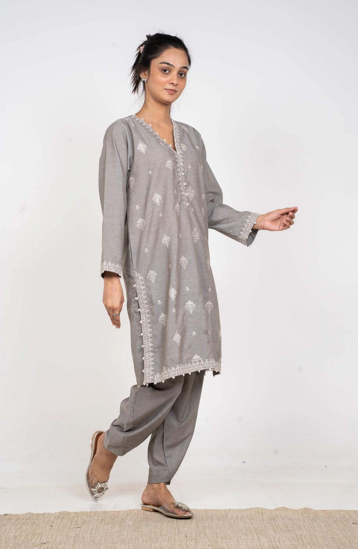 Ayla Embroidered Chambray Stitched 2 Piece Solids - EAE210105H - AY25SW - Silver Grey - Winter Collection
