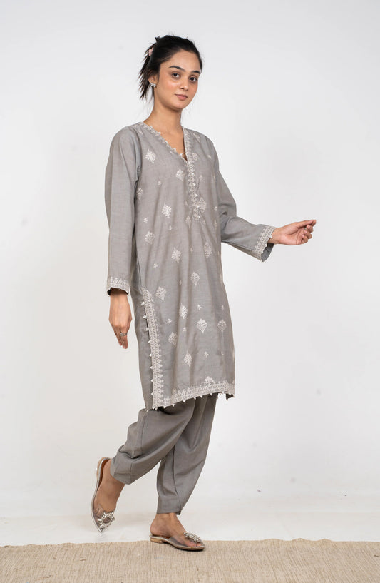 Ayla Embroidered Chambray Stitched 2 Piece Solids - EAE210105H - AY25SW - Silver Grey - Winter Collection