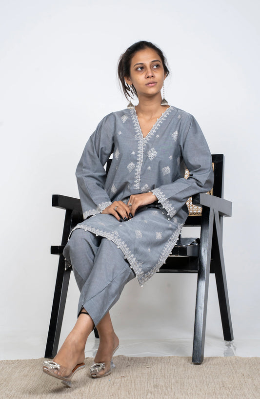 Ayla Embroidered Chambray Stitched 2 Piece Solids - EAE210105B - AY25SW - Grey - Winter Collection