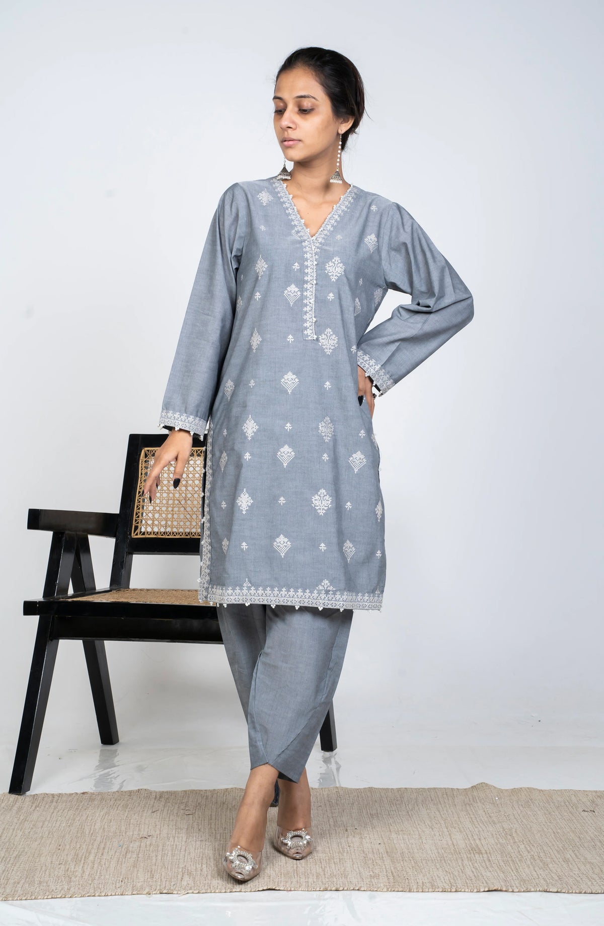 Ayla Embroidered Chambray Stitched 2 Piece Solids - EAE210105B - AY25SW - Grey - Winter Collection