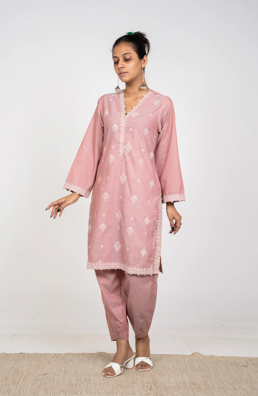 Ayla Embroidered Chambray Stitched 2 Piece Solids - EAE210105A - AY25SW - Pink - Winter Collection