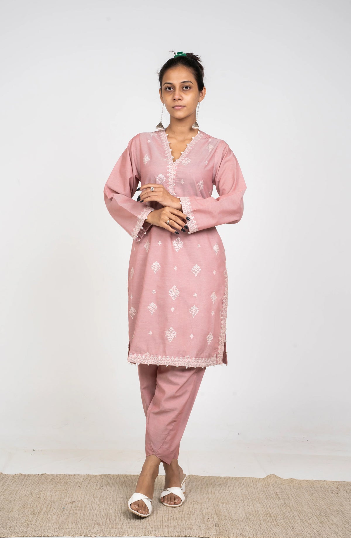 Ayla Embroidered Chambray Stitched 2 Piece Solids - EAE210105A - AY25SW - Pink - Winter Collection