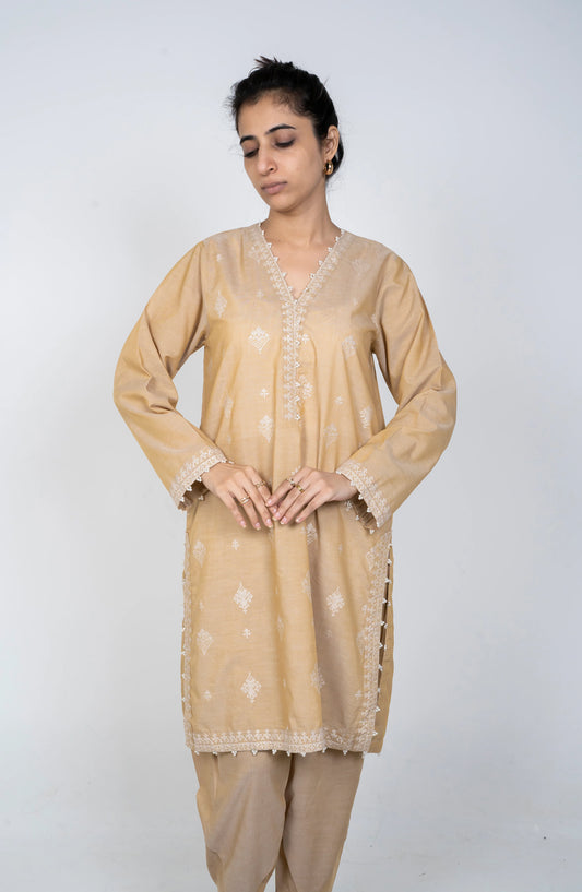 Ayla Embroidered Chambray Stitched 2 Piece Solids - EAE210105D - AY25SW - Beige - Winter Collection