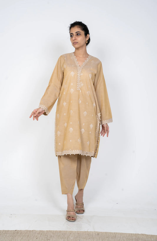 Ayla Embroidered Chambray Stitched 2 Piece Solids - EAE210105D - AY25SW - Beige - Winter Collection
