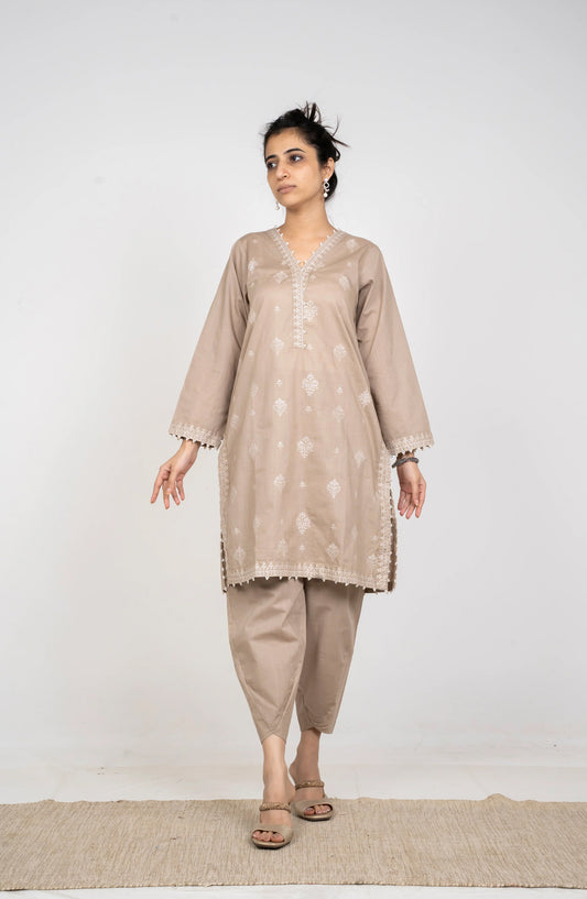 Ayla Embroidered Chambray Stitched 2 Piece Solids - EAE210105C - AY25SW - Mushroom Beige - Winter Collection
