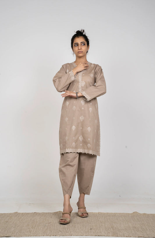 Ayla Embroidered Chambray Stitched 2 Piece Solids - EAE210105C - AY25SW - Mushroom Beige - Winter Collection