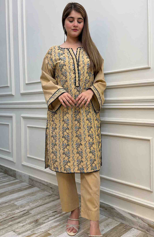 Ayla Studio Co-ords Chambray Stitched 2 Piece - Taskeen - AS25CO - Peach - Casual Collection