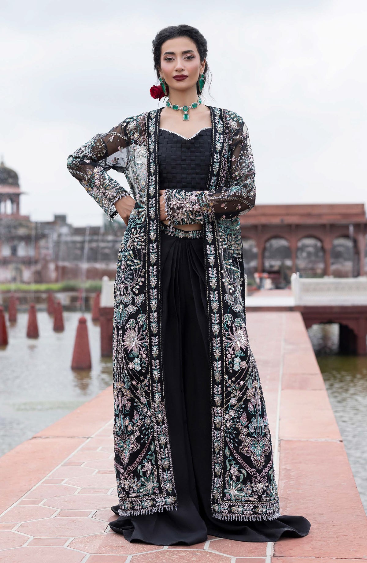 Aylin Ember Embroidered Organza Unstitched 3 Piece Suit - 05 Noir - AYL25EMF - Black - Festive Collection