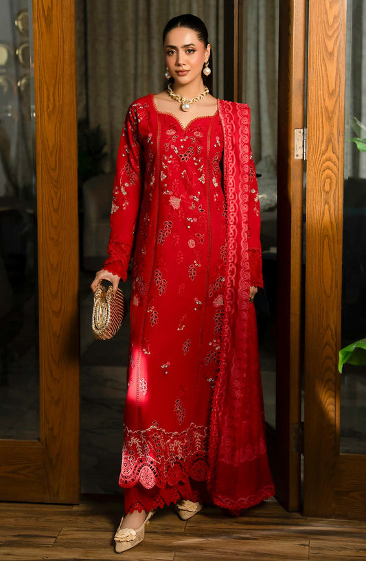 Aylin Luxury Embroidered Lawn Unstitched 3 Piece Suit - D-10 Crimson Charm - AYL26LX - Red - Festive Collection