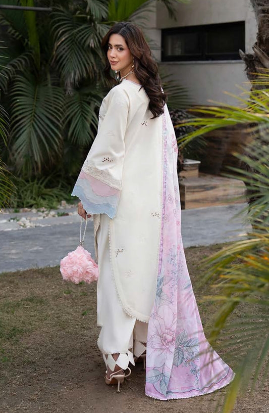 Aylin Luxury Embroidered Lawn Unstitched 3 Piece Suit - D-07 Ivory Rose - AYL26LX - Fawn - Festive Collection