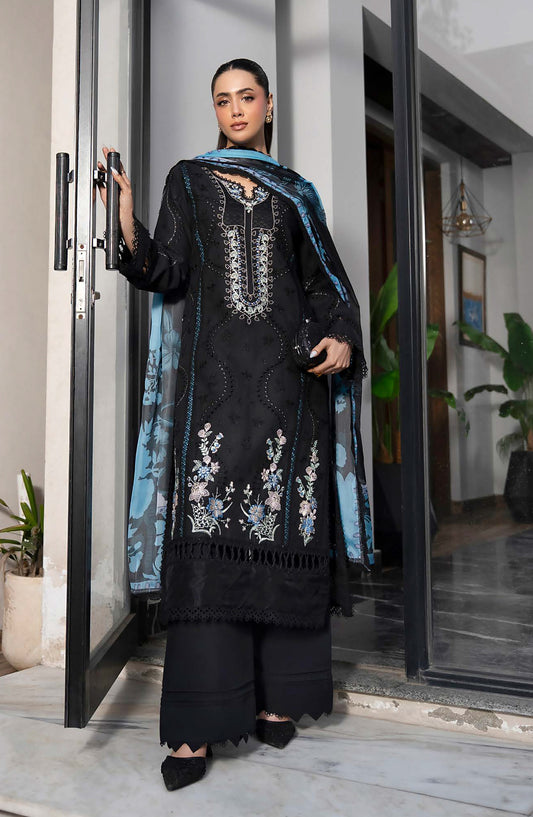 Aylin Luxury Embroidered Lawn Unstitched 3 Piece Suit - D-06 Moonlit Petal - AYL26LX - Black - Festive Collection